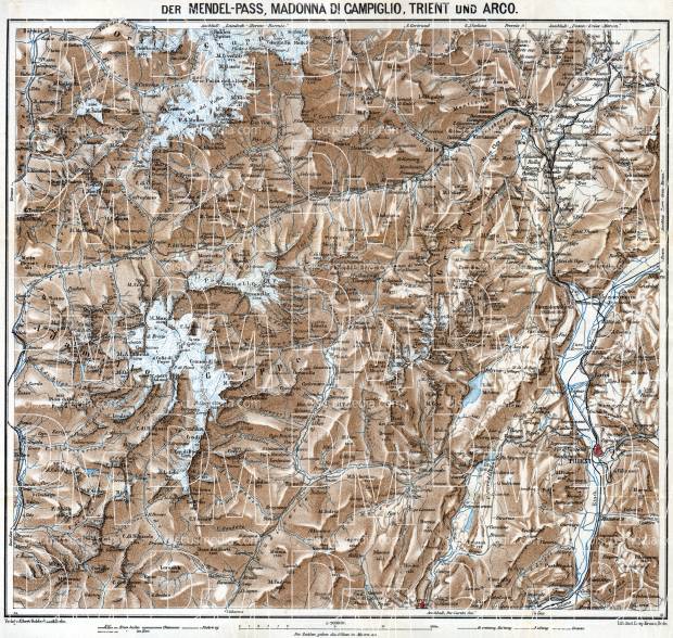 Passo della Mendola (Mendelpass), Madonna di Campiglio, Triente and Arco map, 1911. Use the zooming tool to explore in higher level of detail. Obtain as a quality print or high resolution image