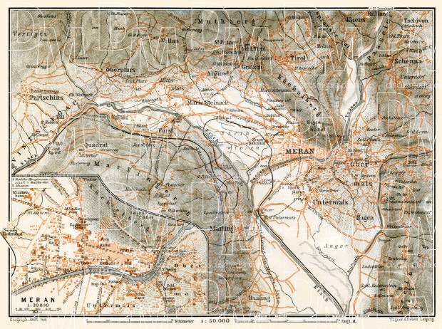 Meran (Merano) city map. Meran environs map, 1906. Use the zooming tool to explore in higher level of detail. Obtain as a quality print or high resolution image