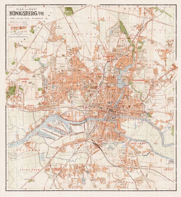 Königsberg (now Kaliningrad) city map, 1938. Use the zooming tool to explore in higher level of detail. Obtain as a quality print or high resolution image