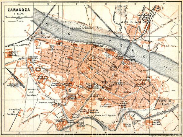 Saragossa (Zaragoza) city map, 1899. Use the zooming tool to explore in higher level of detail. Obtain as a quality print or high resolution image