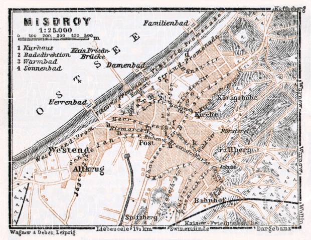 Misdroy (Miedzyzdroje) city map, 1911. Use the zooming tool to explore in higher level of detail. Obtain as a quality print or high resolution image