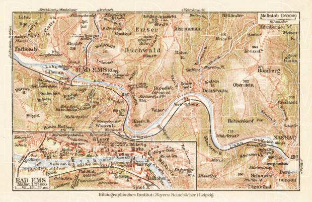 Bad Ems town plan. Environs of Bad Ems, 1927. Use the zooming tool to explore in higher level of detail. Obtain as a quality print or high resolution image