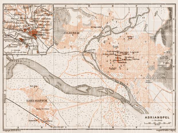 Adrianople (ادرنه, Edirne) city map, 1914. Use the zooming tool to explore in higher level of detail. Obtain as a quality print or high resolution image