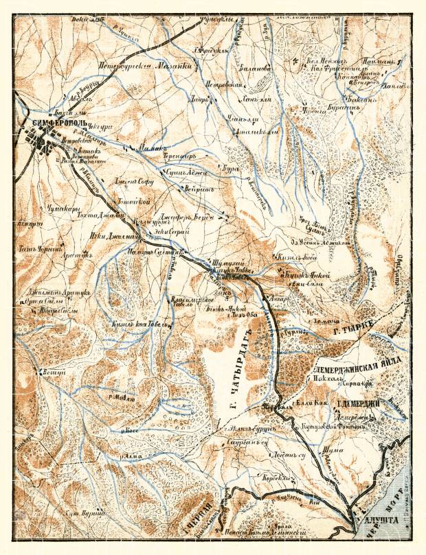 Simferopol to Alushta road map, 1905. Use the zooming tool to explore in higher level of detail. Obtain as a quality print or high resolution image