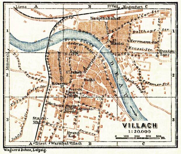 Villach town plan, 1911. Use the zooming tool to explore in higher level of detail. Obtain as a quality print or high resolution image