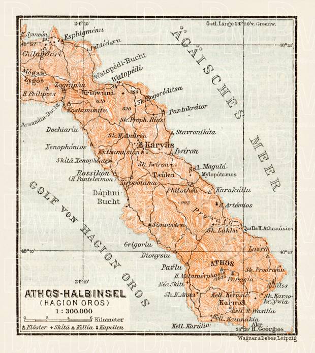 Athos Peninsula (Hagion Oros, Ἁγίου Ὄρους) map, 1914. Use the zooming tool to explore in higher level of detail. Obtain as a quality print or high resolution image