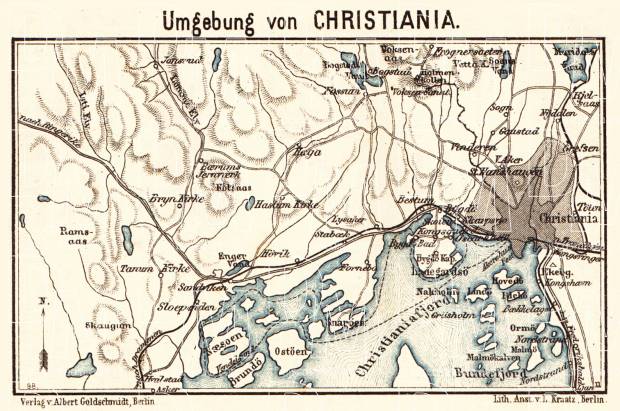 Christiania (Oslo) and environs map, 1913. Use the zooming tool to explore in higher level of detail. Obtain as a quality print or high resolution image