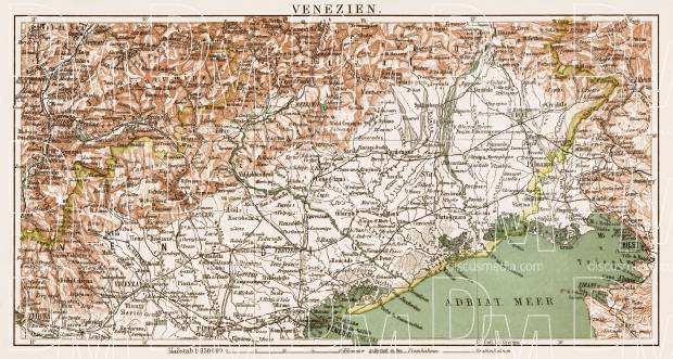 Veneto region map, 1903. Use the zooming tool to explore in higher level of detail. Obtain as a quality print or high resolution image