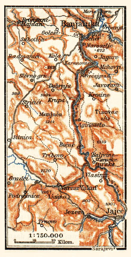Vrbas River Valley from Jaice to Banja Luka, 1911. Use the zooming tool to explore in higher level of detail. Obtain as a quality print or high resolution image