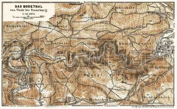 Bode River valley map from Thale to Treseburg, 1887. Use the zooming tool to explore in higher level of detail. Obtain as a quality print or high resolution image