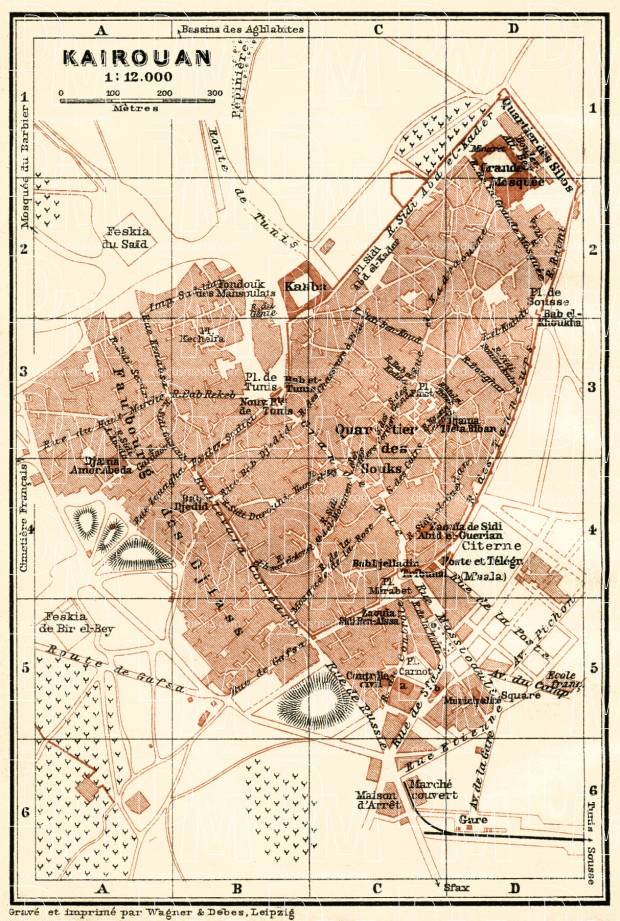 Tunisia carte TUNIS antique town city plan BAEDEKER 1911 old map 