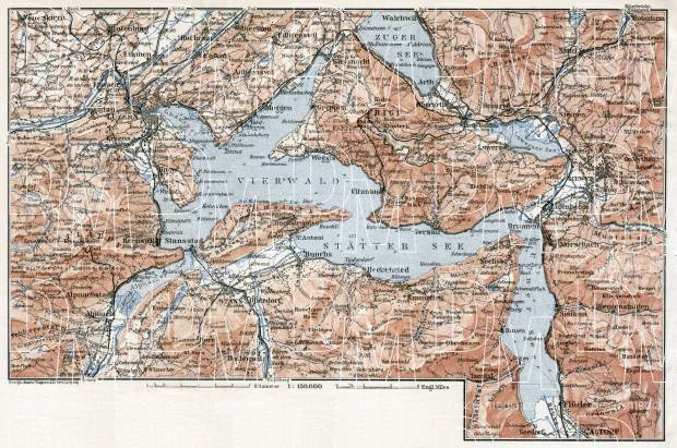 Lake Lucerne (Veierwaldstättersee) environs map, 1909. Use the zooming tool to explore in higher level of detail. Obtain as a quality print or high resolution image