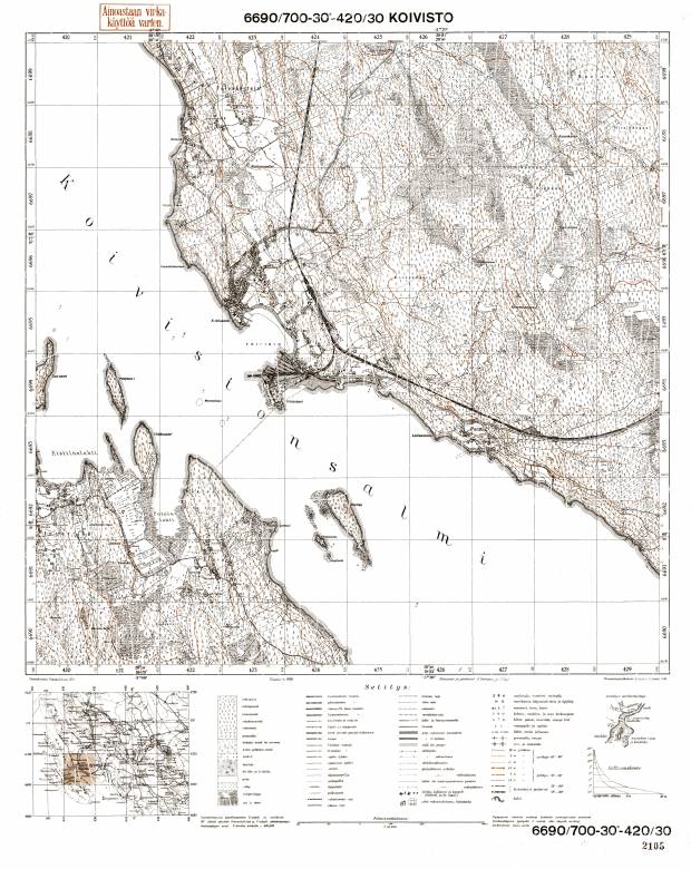 Primorsk. Koivisto. Topografikartta 402102. Topographic map from 1938. Use the zooming tool to explore in higher level of detail. Obtain as a quality print or high resolution image