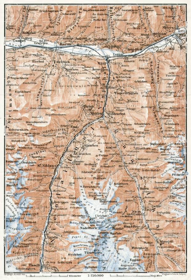 Stalden and Saas River Valley map, 1909. Use the zooming tool to explore in higher level of detail. Obtain as a quality print or high resolution image