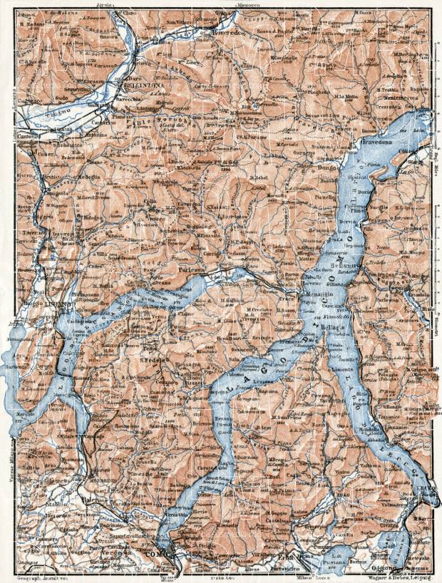 Como and Lugano Lakes map, 1909. Use the zooming tool to explore in higher level of detail. Obtain as a quality print or high resolution image