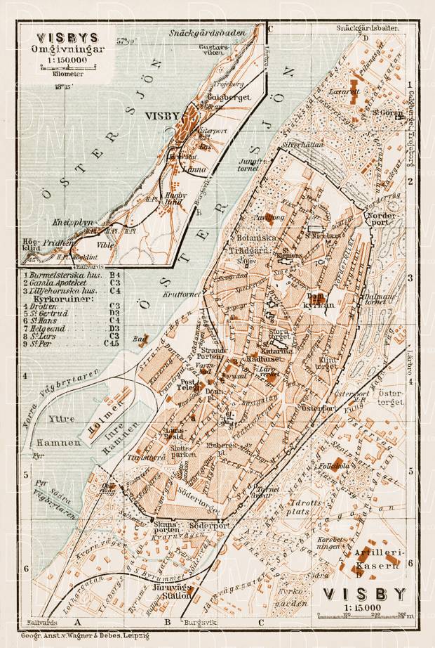 Visby (Wisby) city map, with map of Visby suburbs, 1929. Use the zooming tool to explore in higher level of detail. Obtain as a quality print or high resolution image
