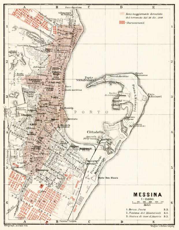 Messina city map, 1912. With display of areas suffered from earthquake on 21.12.1908. Use the zooming tool to explore in higher level of detail. Obtain as a quality print or high resolution image