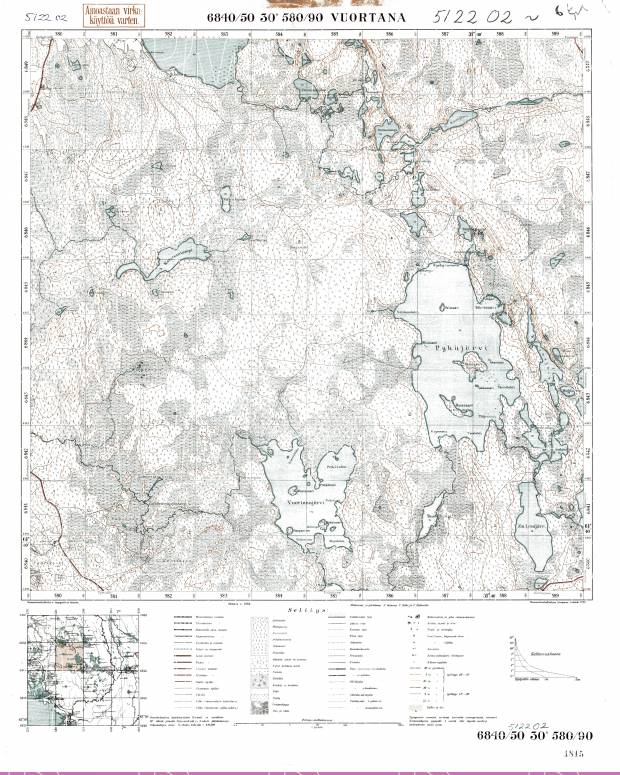 Vuortanajarvi Lake. Vuortana. Topografikartta 512202. Topographic map from 1938. Use the zooming tool to explore in higher level of detail. Obtain as a quality print or high resolution image