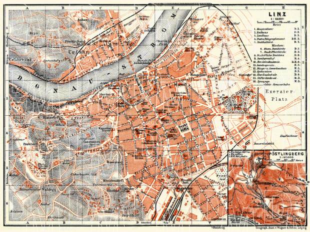 Linz city map with map inset of Pöstlingberg, 1911. Use the zooming tool to explore in higher level of detail. Obtain as a quality print or high resolution image