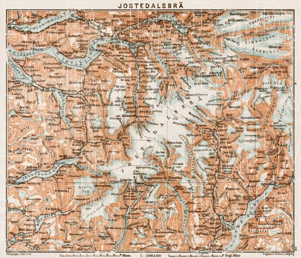 Jostedalsbrä (Jostedalsbreen) Area Map, 1931. Use the zooming tool to explore in higher level of detail. Obtain as a quality print or high resolution image