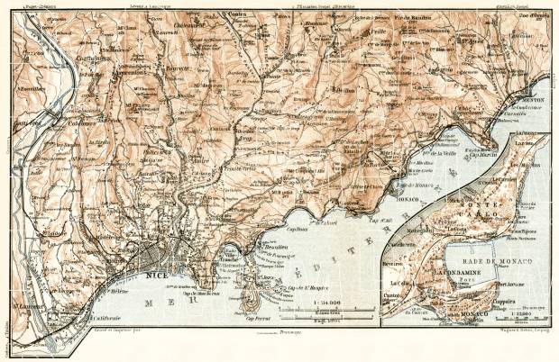 Nice, Menton and environs map with map inset of Monaco and Monte Carlo, 1902. Use the zooming tool to explore in higher level of detail. Obtain as a quality print or high resolution image
