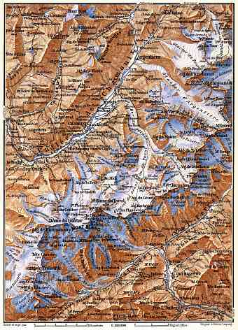 Mont Blanc and Chamonix Valley map, 1885