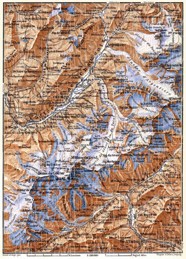 Mont Blanc and Chamonix Valley map, 1885. Use the zooming tool to explore in higher level of detail. Obtain as a quality print or high resolution image