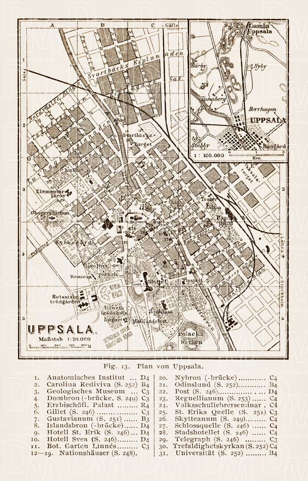 Uppsala (Upsala) city map, 1899. Use the zooming tool to explore in higher level of detail. Obtain as a quality print or high resolution image
