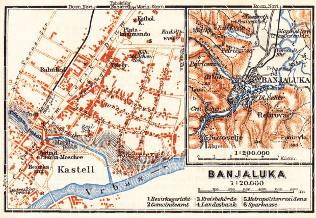 Banja Luka (Banjaluka), city map and environs map, 1911. Use the zooming tool to explore in higher level of detail. Obtain as a quality print or high resolution image