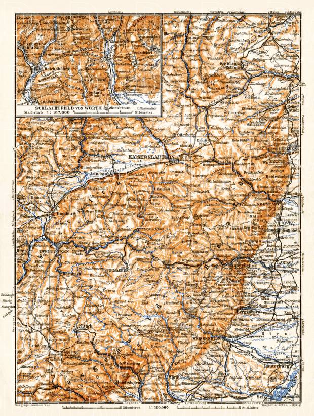 Rhenish Palatinate. Vosges (Wasgenwald) - Haardt, Wörth - Schlachtfeld districts map, 1905. Use the zooming tool to explore in higher level of detail. Obtain as a quality print or high resolution image