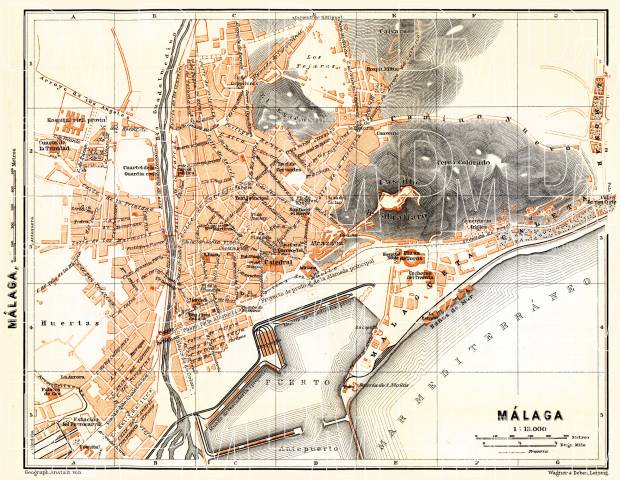Málaga city map, 1899. Use the zooming tool to explore in higher level of detail. Obtain as a quality print or high resolution image