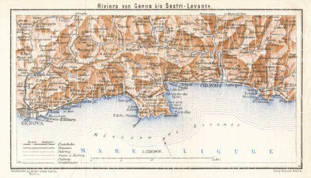 Italian Genoese/Levantian Riviera (Riviére) from Genua to Sestri Levante map, 1929. Use the zooming tool to explore in higher level of detail. Obtain as a quality print or high resolution image