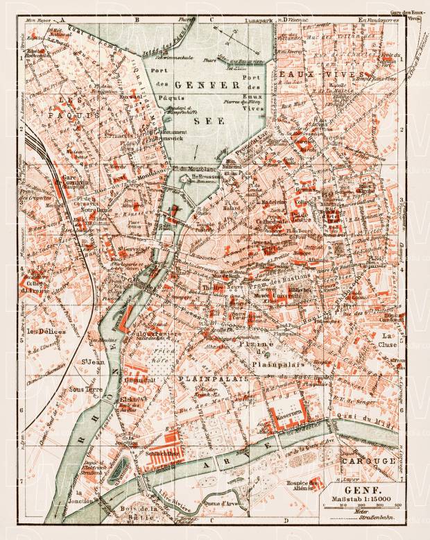 Geneva (Genf, Genève) city map, 1913. Use the zooming tool to explore in higher level of detail. Obtain as a quality print or high resolution image