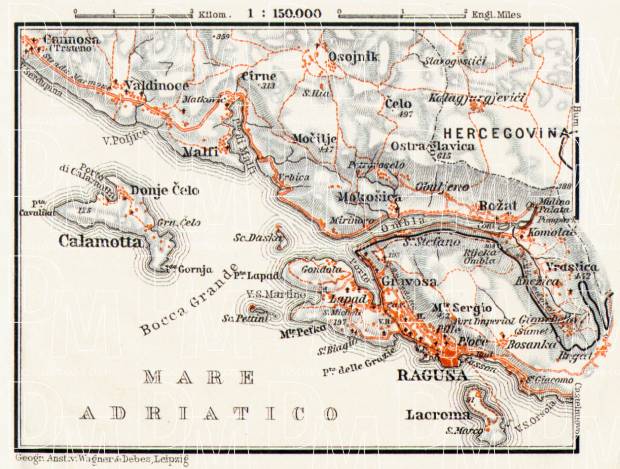 Ragusa (Dubrovnik) environs map, 1913. Use the zooming tool to explore in higher level of detail. Obtain as a quality print or high resolution image