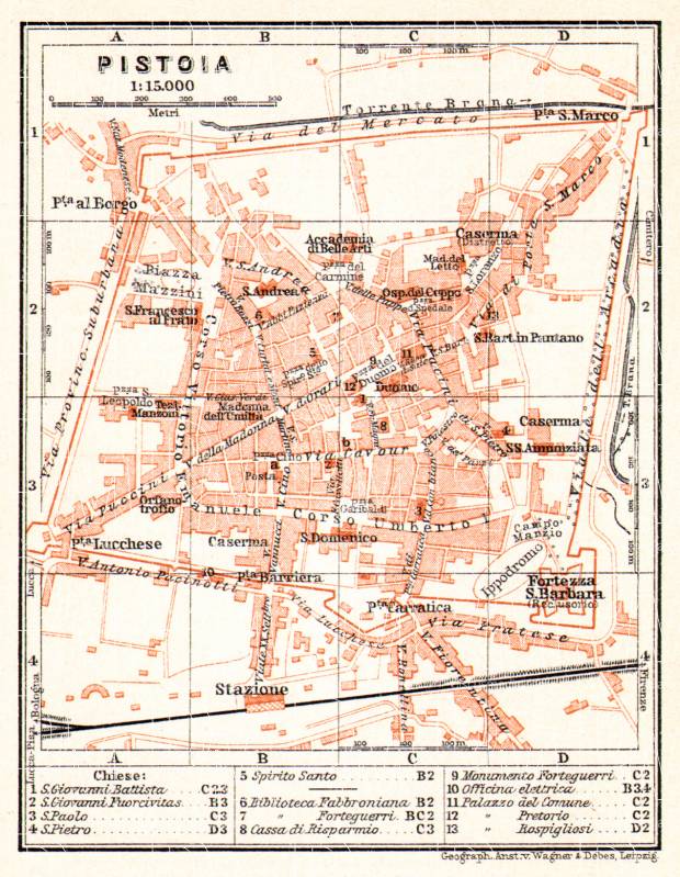Pistoia (Pistoja) town plan, 1908. Use the zooming tool to explore in higher level of detail. Obtain as a quality print or high resolution image