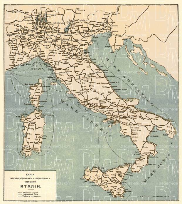 Railway and Steamboat map of Italy, 1900. Use the zooming tool to explore in higher level of detail. Obtain as a quality print or high resolution image