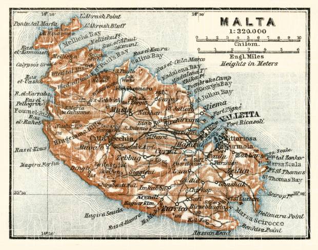 Malta general map, 1929. Use the zooming tool to explore in higher level of detail. Obtain as a quality print or high resolution image