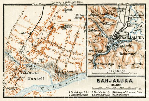 Banja Luka (Banjaluka), city map and environs map, 1929. Use the zooming tool to explore in higher level of detail. Obtain as a quality print or high resolution image