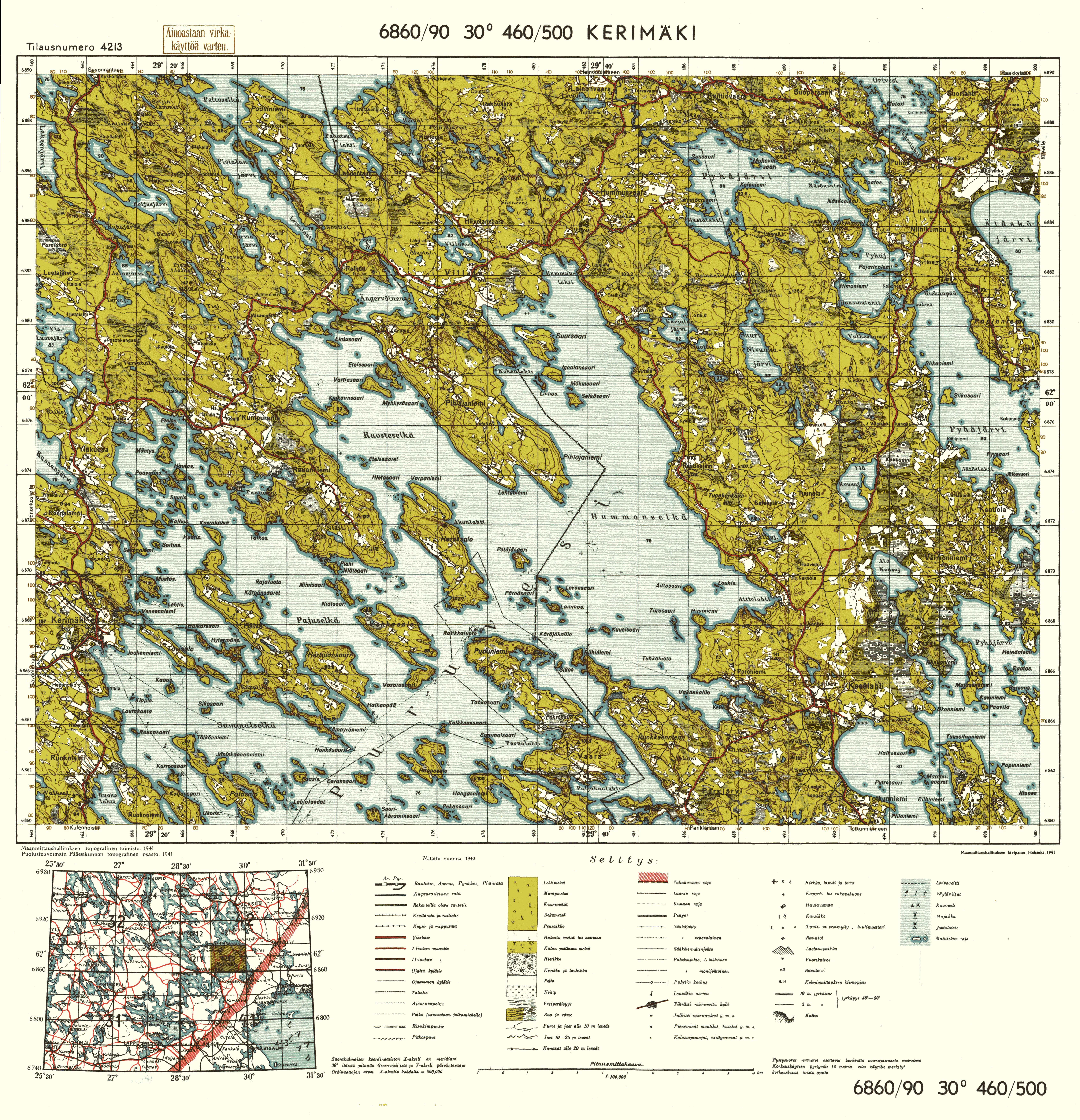 Kerimäki. Topografikartta 4213. Topographic map from 1941. Use the zooming tool to explore in higher level of detail. Obtain as a quality print or high resolution image