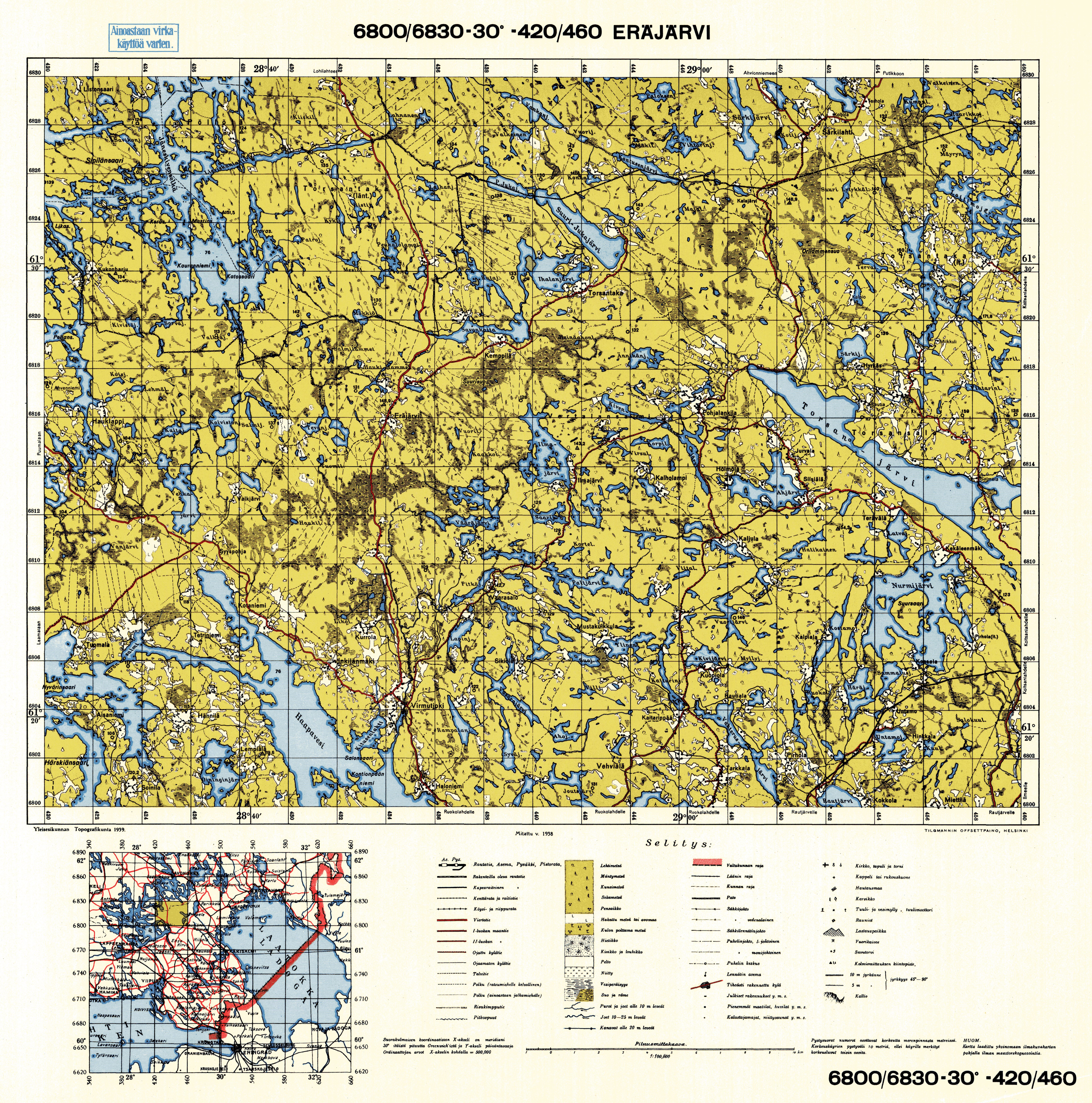 Eräjärvi. Topografikartta 4121. Topographic map from 1938. Use the zooming tool to explore in higher level of detail. Obtain as a quality print or high resolution image