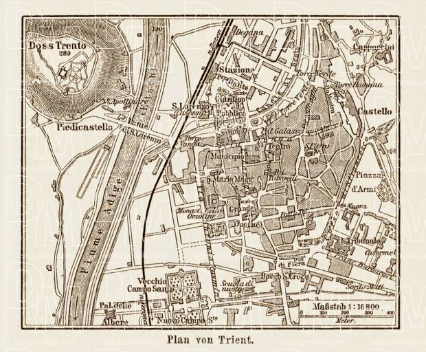 Trient (Trento) city map, 1903. Use the zooming tool to explore in higher level of detail. Obtain as a quality print or high resolution image