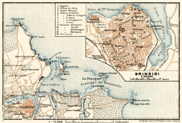 Brindisi town plan. Environs of Brindisi map, 1929. Use the zooming tool to explore in higher level of detail. Obtain as a quality print or high resolution image