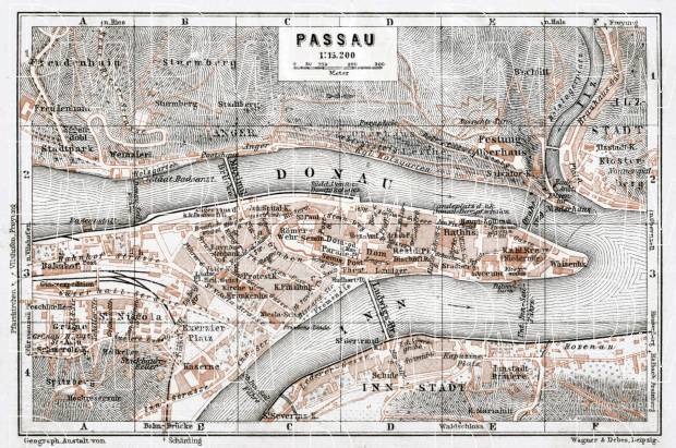 Passau city map, 1910. Use the zooming tool to explore in higher level of detail. Obtain as a quality print or high resolution image