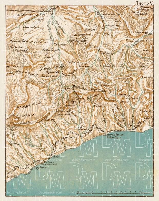 South Crimea: Karasu-Bazar, region map, 1904. Use the zooming tool to explore in higher level of detail. Obtain as a quality print or high resolution image