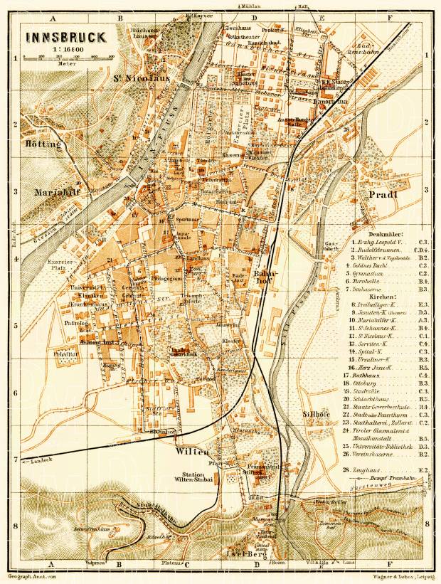 Innsbruck city map, 1906. Use the zooming tool to explore in higher level of detail. Obtain as a quality print or high resolution image