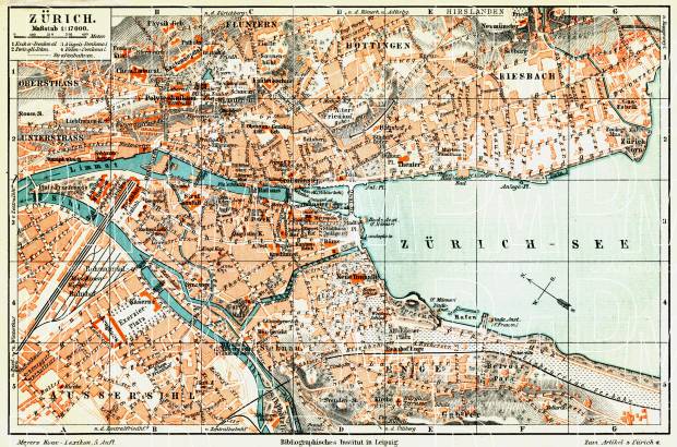 Zürich city map, 1908. Use the zooming tool to explore in higher level of detail. Obtain as a quality print or high resolution image