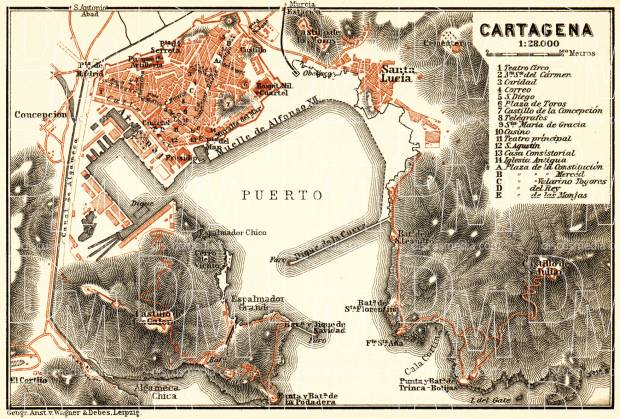 Old map of Cartagena in 1899. Buy vintage map replica poster print or 
