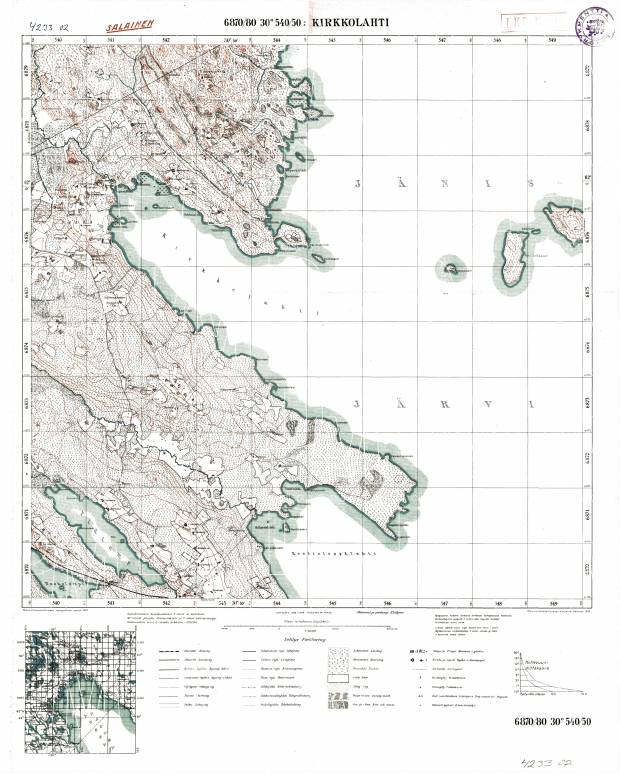 Kirkkolahti. Topografikartta 423302. Topographic map from 1937. Use the zooming tool to explore in higher level of detail. Obtain as a quality print or high resolution image