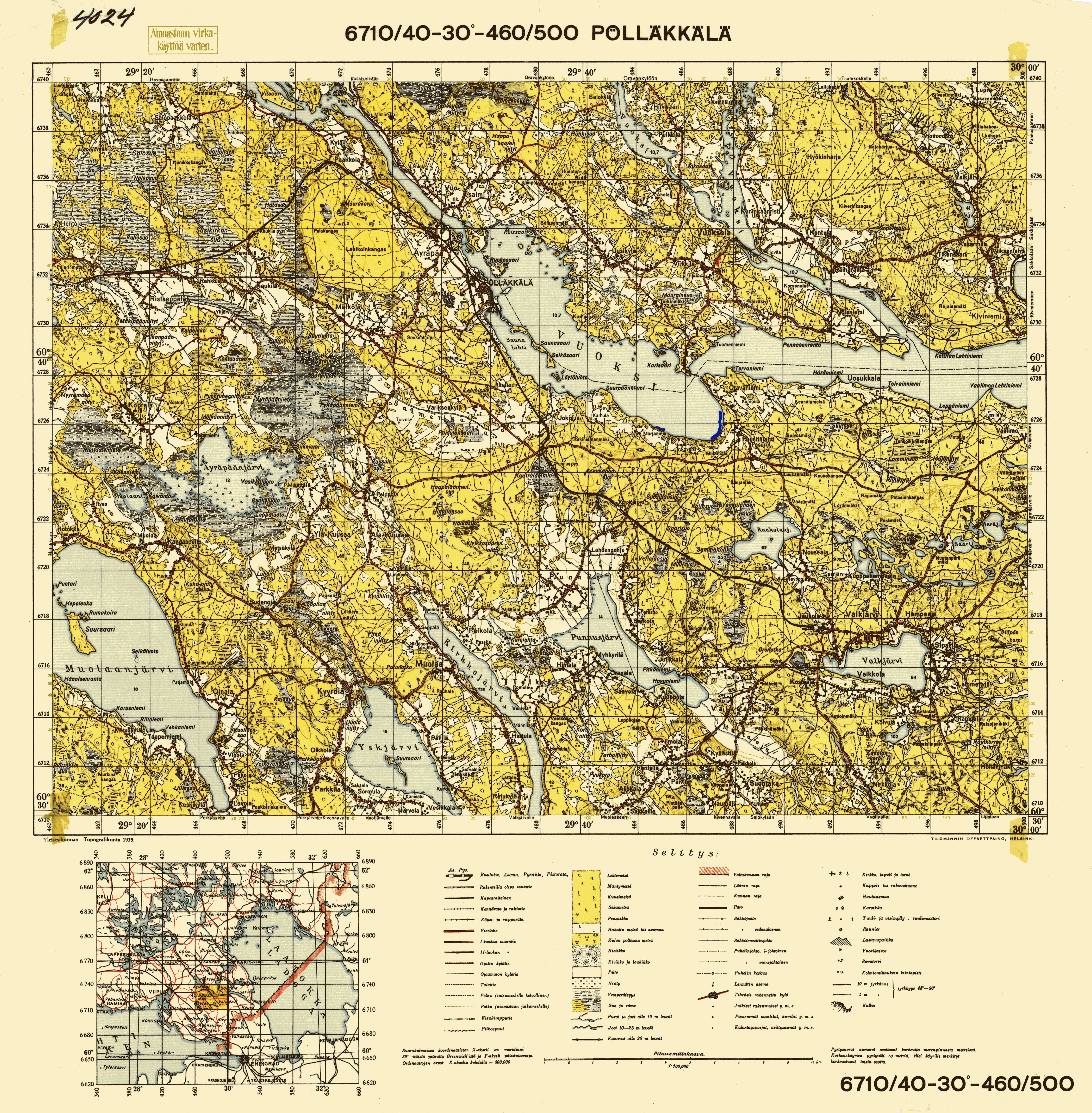 Baryševo. Pölläkkälä. Topografikartta 4024. Topographic map from 1939. Use the zooming tool to explore in higher level of detail. Obtain as a quality print or high resolution image