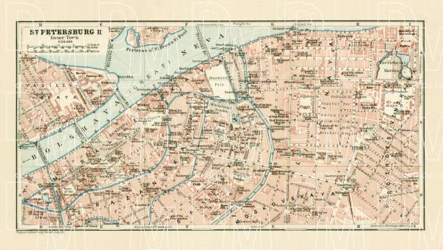 Saint Petersburg (Санктъ-Петербургъ, Sankt-Peterburg) city centre map (in English), 1914. Use the zooming tool to explore in higher level of detail. Obtain as a quality print or high resolution image
